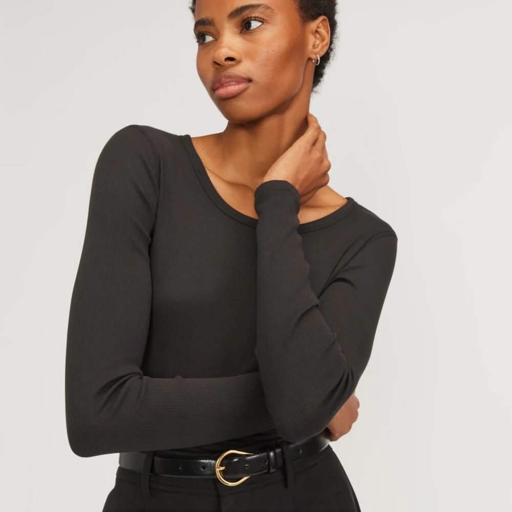 Everlane Supima Micro Rib Cropped Long-Sleeve Crew - black XS women's